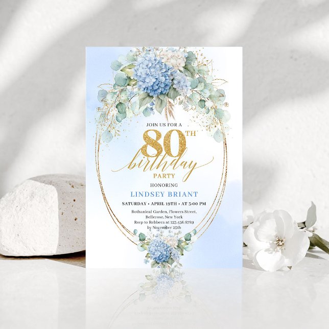 Refined Chic Dusty Blue Floral Gold 80th Birthday Invitation (Refined Dusty Blue Floral Gold 80th Birthday Invitation)
