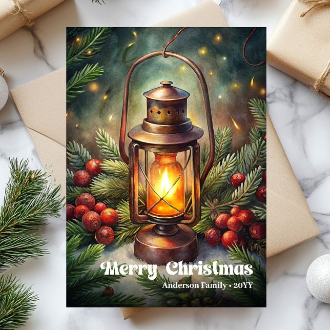 Refined Christmas lantern vintage pine wreath card (Refined Christmas bells vintage pine wreath card)