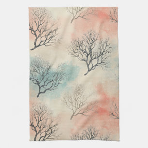Refined Coastal Watercolor with Coral & Seashells Tea Towel
