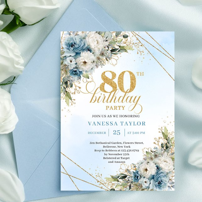 Refined Dusty Blue Floral Gold 80th Birthday Invit Invitation (Refined Dusty Blue Floral Gold 80th Birthday Invite Set

)