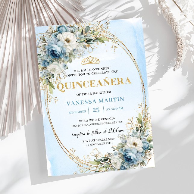 Refined Dusty Blue Gold Greenery Quince 15 Invitation (Refined Dusty Blue Gold Greenery Quince 15)