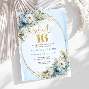 Refined Dusty Blue Greenery Sweet Sixteen Invites