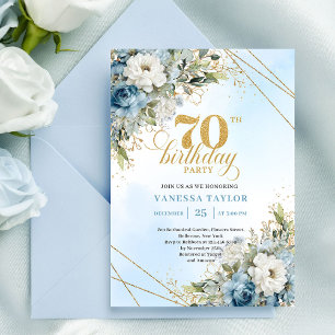 Refined dusty blue watercolor florals 70th birthda invitation