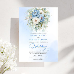 Refined Dusty Blue White Peony Greenery Wedding Invitation