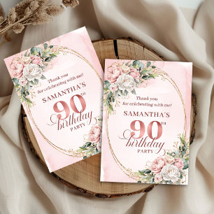 Refined Dusty Pink Gold Greenery 90th Birthday   Thank You Card