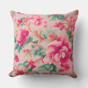 Refined Elegant Bright Pink Flowers, Lush Leaves Cushion