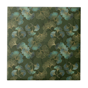 Refined Gold Ginkgo Botanical Emerald Green Art Ceramic Tile