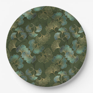 Refined Gold Ginkgo Botanical Emerald Green Art Paper Plate