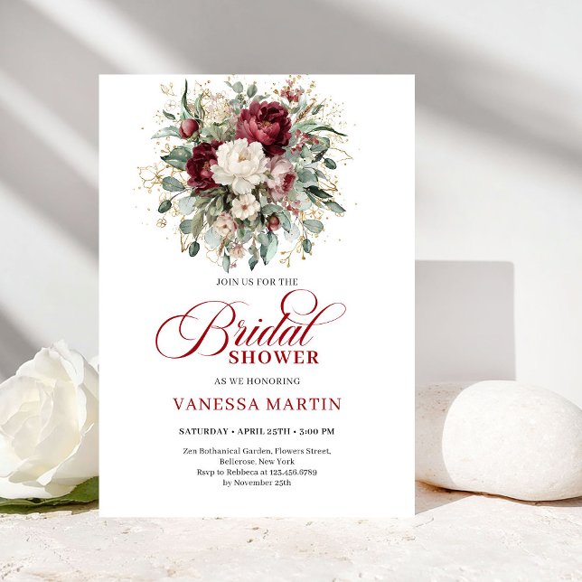 Refined Maroon Floral Gold Bridal Shower Invitatio Invitation (Refined Maroon Floral Gold Bridal Shower Invitation)