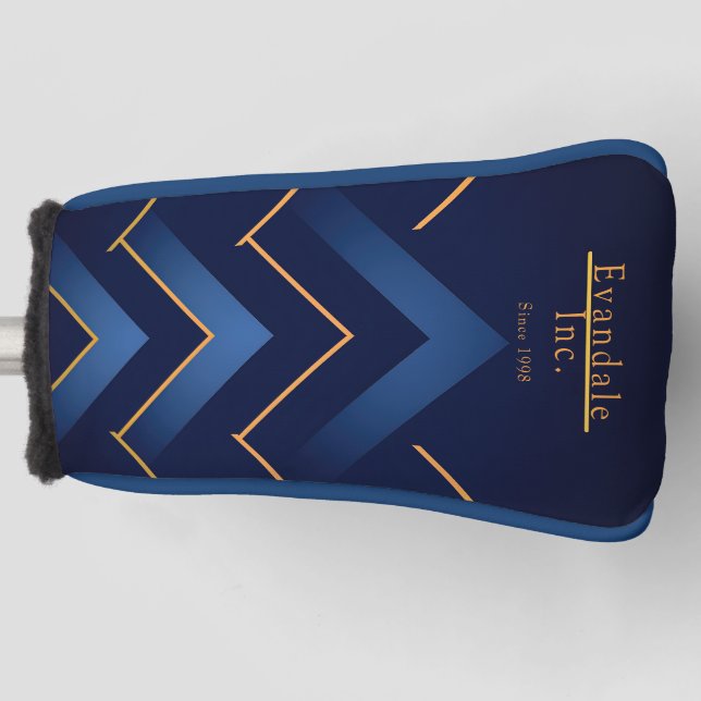 Refined Navy Gold Chevron Personalised Putter Golf Head Cover (Front)
