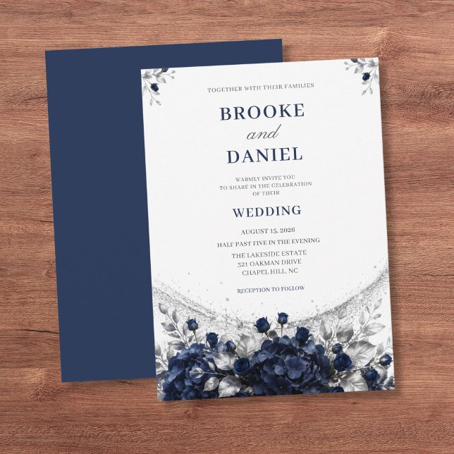 Refined Navy Hydrangea Silver Shimmer Wedding Invitation (Creator Uploaded)