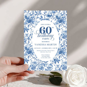 Refined Navy Roses Floral Toile 60th Birthday  Invitation