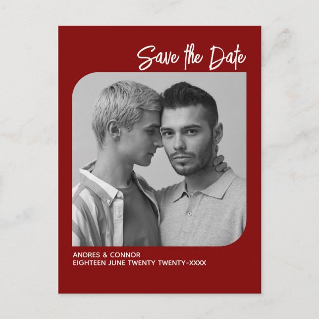 Refined Photo Save the Date Ruby Red Postcard (Front)