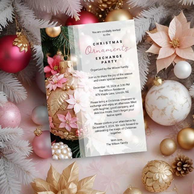 Refined Pink Christmas Balls Ornament Exchange Invitation (Refined Stylish Pink Christmas Balls Ornament Exchange Party Invitations Cards.)