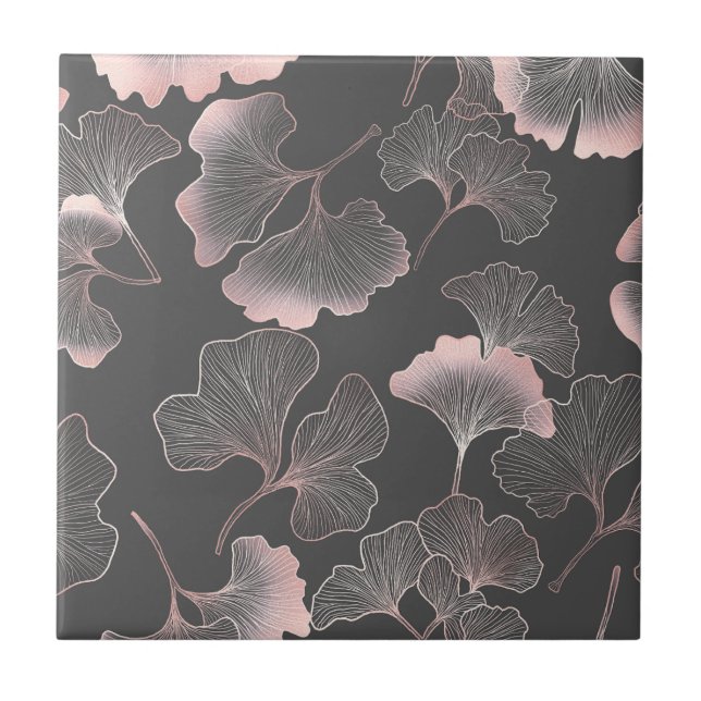 Refined Pink Ginkgo Leaves with Metallic Texture Ceramic Tile (Front)