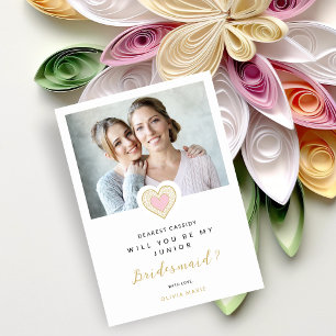 Refined Pink Lace Heart Photo Jr Bridesmaid Invitation