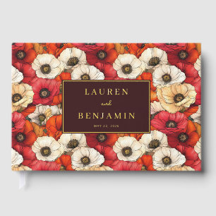 Refined Red and White Floral Pattern Guest Book