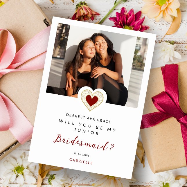 Refined Red Lace Heart Photo Jr Bridesmaid Invitation (Romantic Refined Cute Red Heart Photo Jr Bridesmaid Proposal Card with Envelope.)