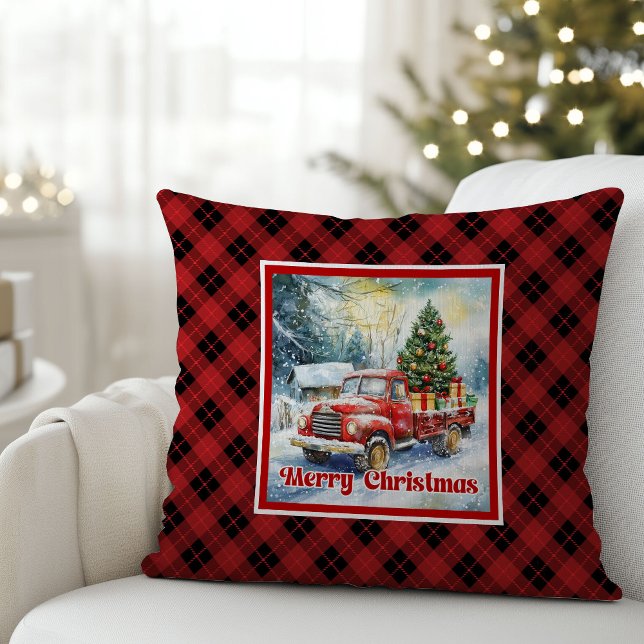 Refined red truck holiday scene rustic red green  cushion (Refined red truck holiday scene rustic red green pillow

)
