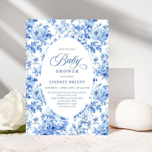 Refined Royal Blue Toile de Jouy Floral Baby Showe Invitation (Refined Royal Blue Toile de Jouy Floral Baby Shower)