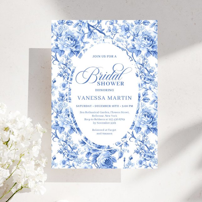 Refined Royal Blue Toile de Jouy Floral Bridal Invitation (Refined Royal Blue Toile de Jouy Floral Bridal Shower)