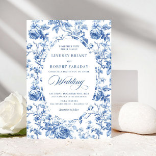 Refined Royal Blue Toile de Jouy Floral Wedding  Invitation
