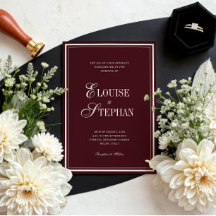 Refined Script Burgundy QR Code Details Wedding Invitation