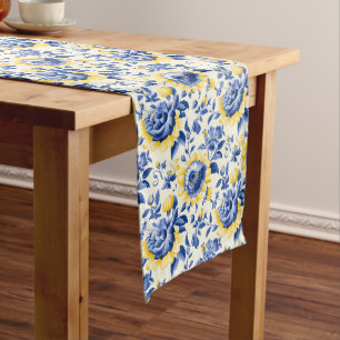 Refined Shabby Chic: French Blue & Lemon Vintage Long Table Runner