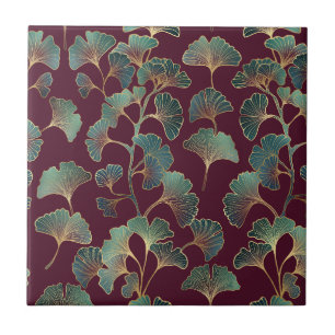 Refined Teal Ginkgo with Gold Accents Ceramic Tile