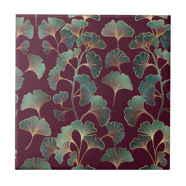 Refined Teal Ginkgo with Gold Accents Ceramic Tile (Front)