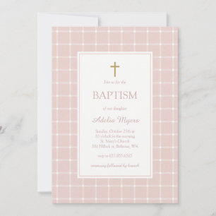 Refined textured plaid pattern girl baptism invitation