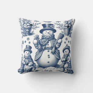 Refined Toile Blue Snowman Pattern  Cushion