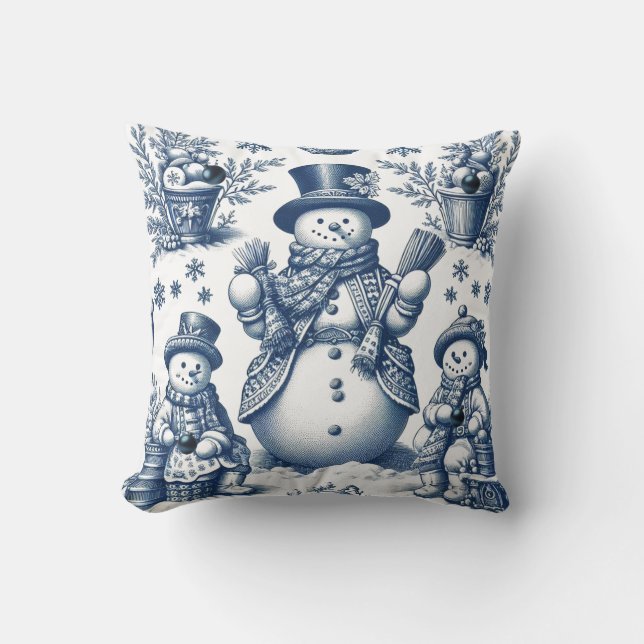 Refined Toile Blue Snowman Pattern  Cushion (Front)