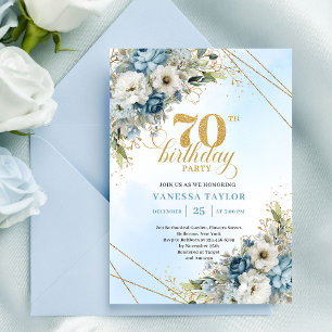 Refined watercolor blue florals gold 70th birthday invitation