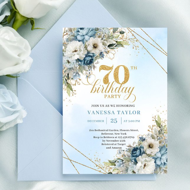Refined watercolor blue florals gold 70th birthday invitation (Refined watercolor blue florals gold 70th birthday invite

)