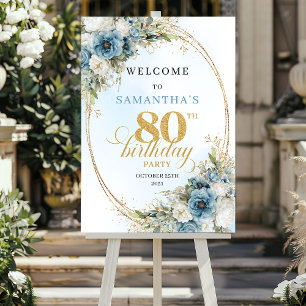Refined watercolor blue florals gold 80th birthday poster
