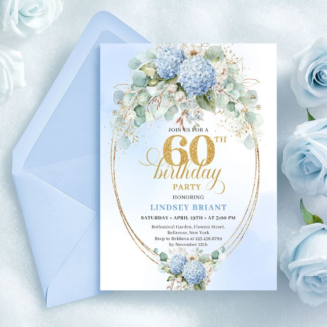 Refined Watercolor Light Blue Flowers 60 Birthday Invitation (Refined Watercolor Light Blue Flowers 60th Birthday)