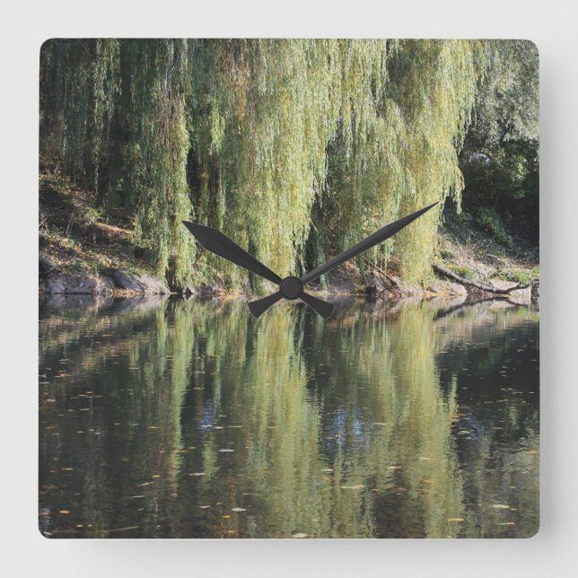 Reflected Willow Trees In River Square Wall Clock (Front)