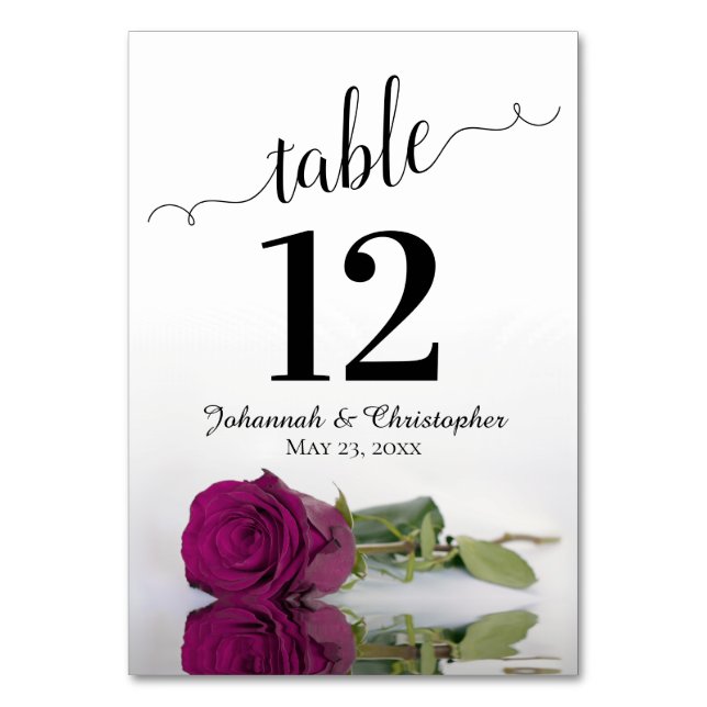 Reflecting Cassis Purple Rose Elegant Wedding Table Number (Front)