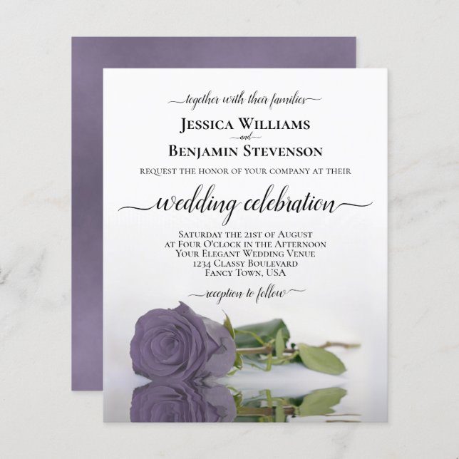 Reflecting Dusty Purple Rose BUDGET Wedding Invite (Front/Back)