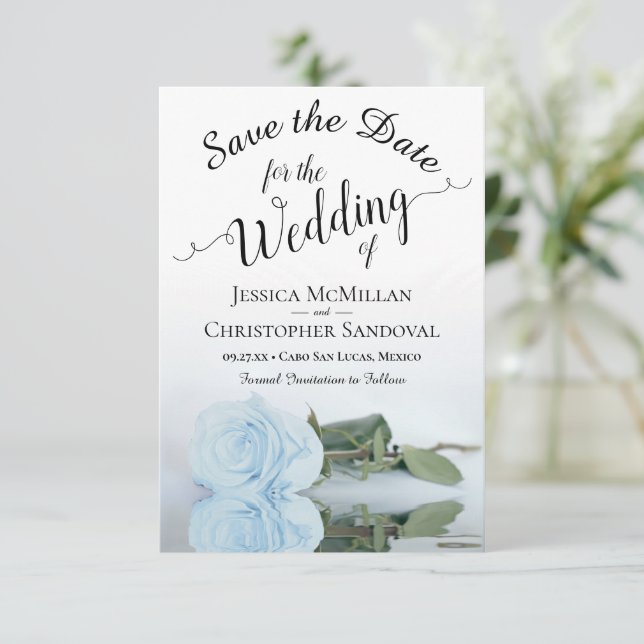 Reflecting Light Dusty Blue Rose Romantic Wedding Save The Date (Standing Front)