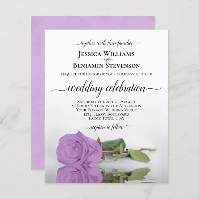 Reflecting Lilac Purple Rose BUDGET Wedding Invite (Front/Back)