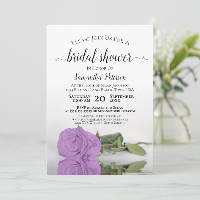 Reflecting Lilac Purple Rose Elegant Bridal Shower Invitation (Standing Front)