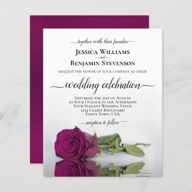 Reflecting Magenta Rose BUDGET Wedding Invite (Front/Back)