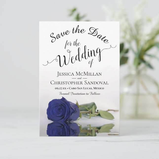 Reflecting Navy Blue Rose Romantic Wedding Save The Date (Standing Front)