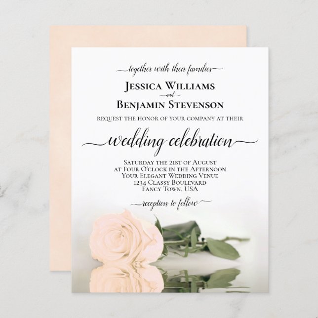 Reflecting Peach Rose BUDGET Wedding Invitation (Front/Back)
