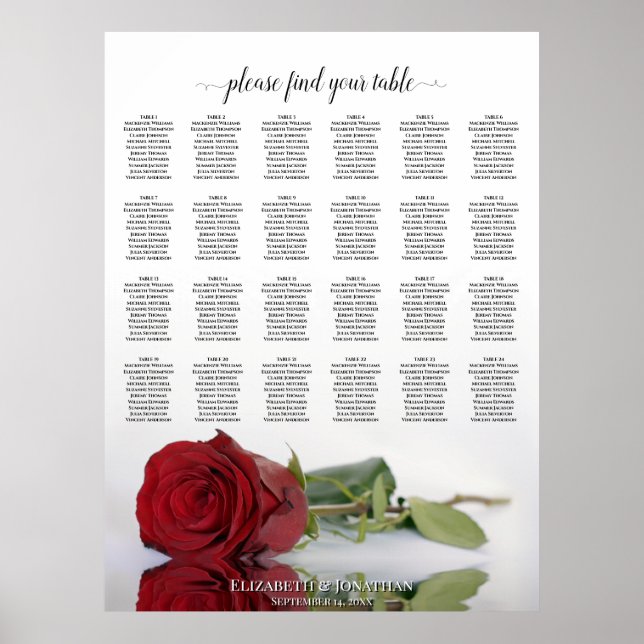 Reflecting Red Rose 24 Table Wedding Seating Chart (Front)