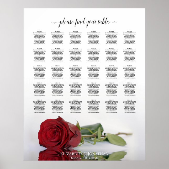 Reflecting Red Rose 30 Table Wedding Seating Chart (Front)