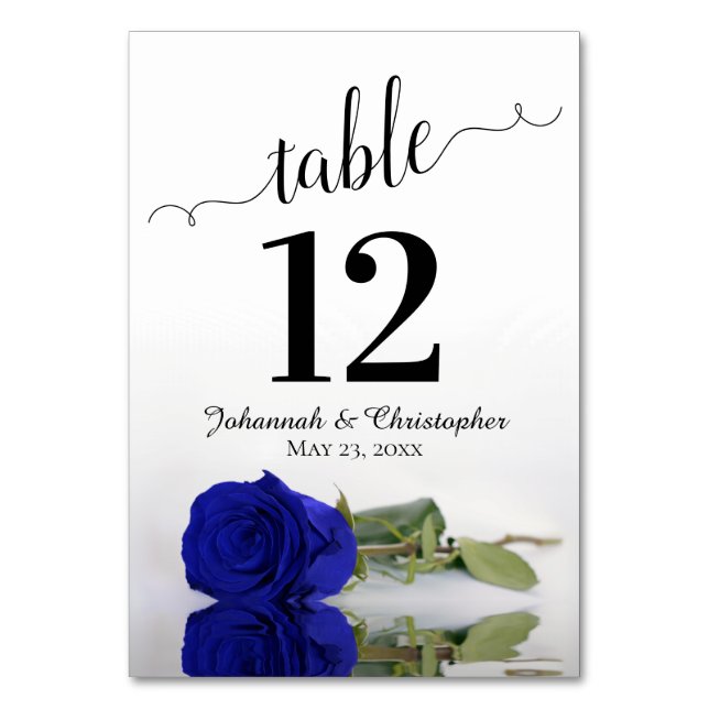 Reflecting Royal Blue Rose Elegant Wedding Table Number (Front)