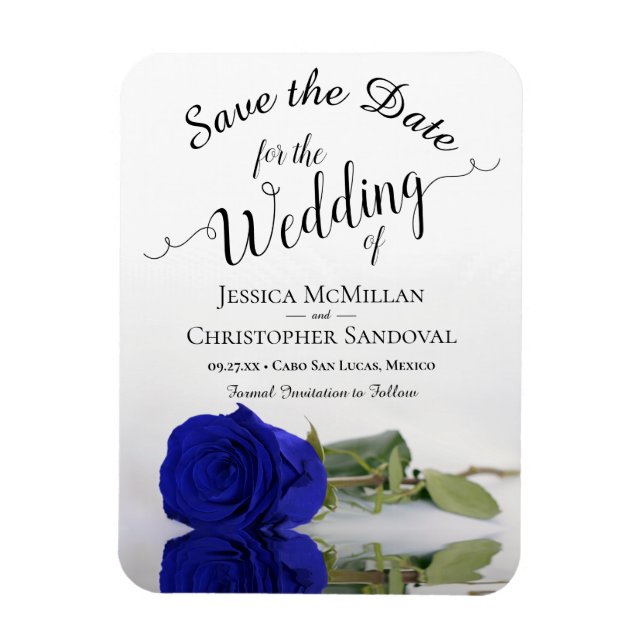 Reflecting Royal Blue Rose Wedding Save the Date Magnet (Vertical)